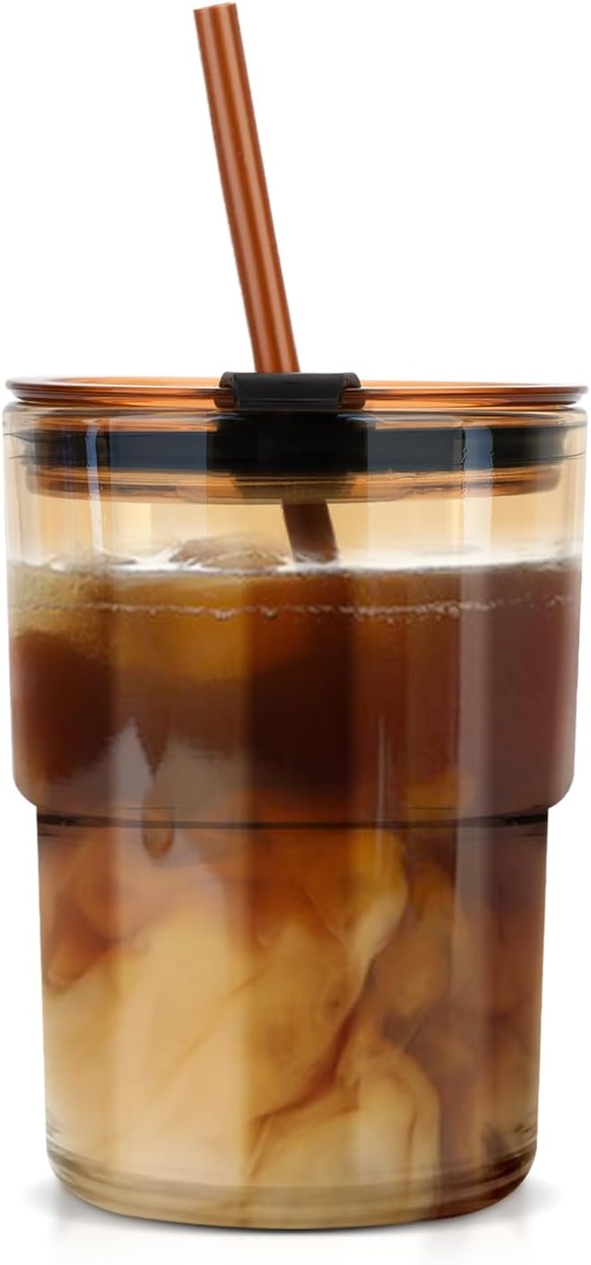 Luxfuel 13 oz Tumbler Water Glass Cups with Straw & Lid, Reusable Iced Coffee, Tea Cups, Leak-Proof Thick Wall Travel Glass Tumbler for Home, Office, Car Cup Holder Friendly, BPA Free (Amber, 1 Pack)
