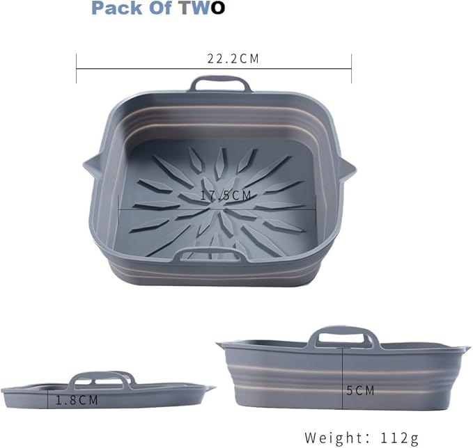 Reusable Silicone Air Fryer Liners (2-Pack) – 8.5” Square, Non-Stick & Easy to Clean, Heat-Resistant Basket for 4-7 Qt Air Fryers – Grey & Black