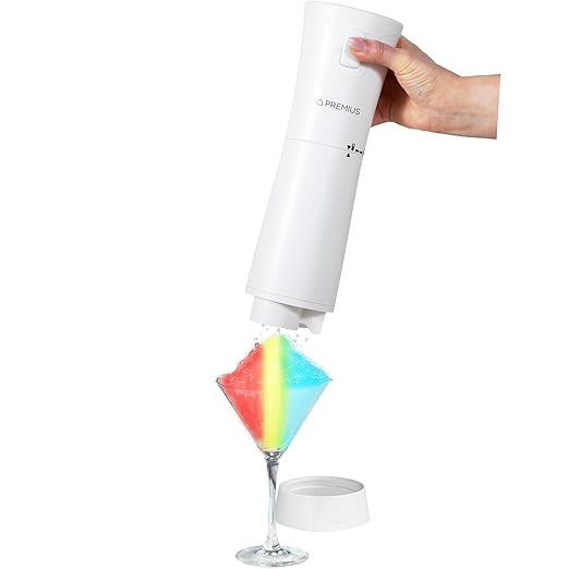 Cordless Shaved Ice Maker By PREMIUS – Lightweight, Rechargeable, Bonus Recipe Book, Resting Stand – Caribbean Shaved Ice! USB Cord Included – Up to 40 Snow Cones Per Charge! No Molds Needed! (White)