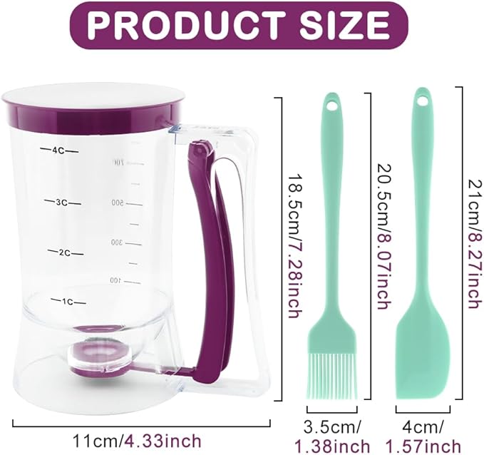 Pancake Batter Dispenser with Squeeze Handle, Cupcake Batter Dispenser with Oil Brush & Scraper for Precise Portion Control, Baking Tool for Pancakes Cupcake, Waffle, Muffin Mix (Purple)