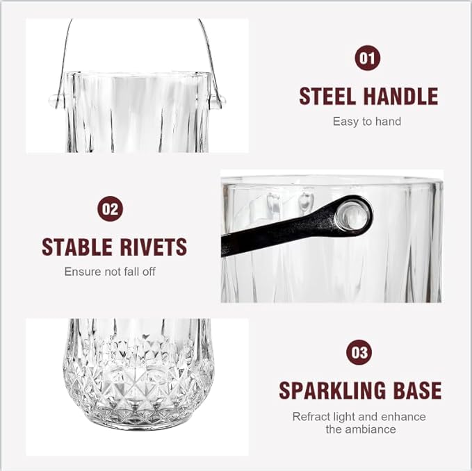 Lily's Home 1000ml -4.62" L x 4.62" W x 8.5" H - Glass Ice Bucket with Handle and Stainless Steel Tongs, Sparkling Ice Buckets, for Party,Wine Home Bar, Beer, Champagne, Cocktail Bar, Mini & Portable