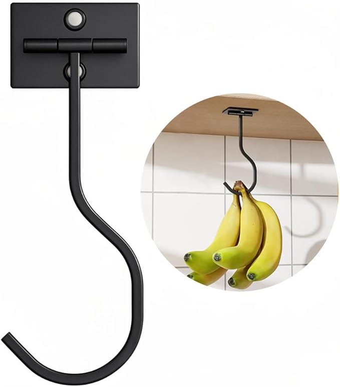 bussdis Under Cabinet Banana Hook Foldable - Adhesive Bananas Hanger, Heavy Duty Stainless Banana Holder (13lb), Magnetic Fold-Up When Not in Use, Premium Material, Black