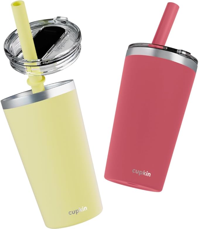 CUPKIN Toddler Tumblers, The Original 12 oz Stackable Stainless Steel Cups, Set of 2 Powder Coated Insulated Kids Water Bottle Alternative + BPA Free Lids + Reusable Silicone Straws (Coral + Yellow)