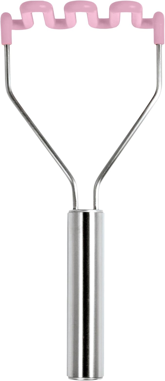 Tovolo Silicone Potato Masher Stainless Steel Handle Pink Sorbet Dishwasher Safe Heat Resistant Non Scratch Handheld Coil Wire Potato Smasher for Nonstick Pans Ergonomic Kitchen Food Prep Tool