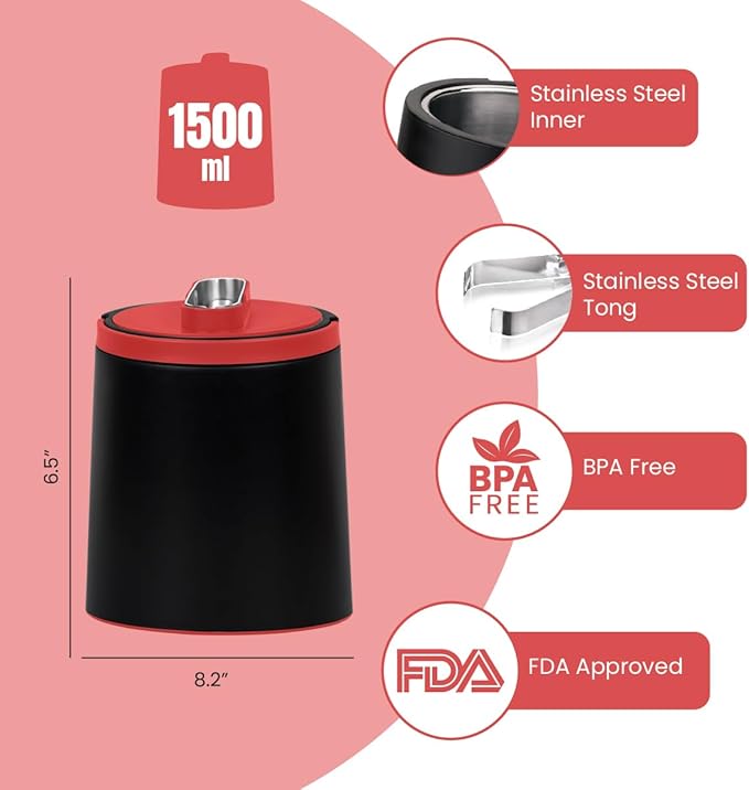 PINNACLE Insulated ice bucket for parties with Tong that fit into Lid - Stainless Steel ice bucket for cocktail bar with Collapsible Handles for indoor/outdoor bar, BPA Free (Red)