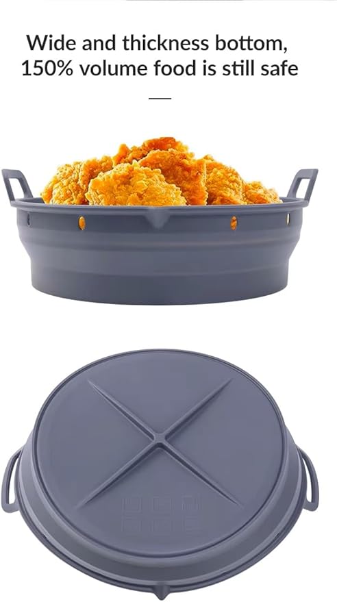 Reusable Silicone Air Fryer Liner –2pcs (Round+Square), Collapsible, Oil-Draining Design, Food-Grade, Non-Stick, Heat Resistant, Dishwasher Safe – Fits 5–8 QT Baskets (black)