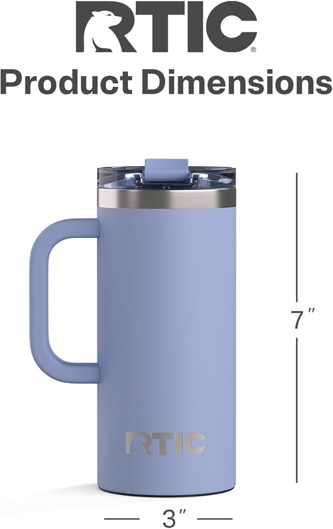 RTIC 16oz Road Trip Travel Mug with Lid and Handle, Ceramic Lined, Insulated, Stainless Steel, Metal, Double Wall Vacuum-Insulation, Portable Coffee, Tea Cup for Hot and Cold Drink, Periwinkle