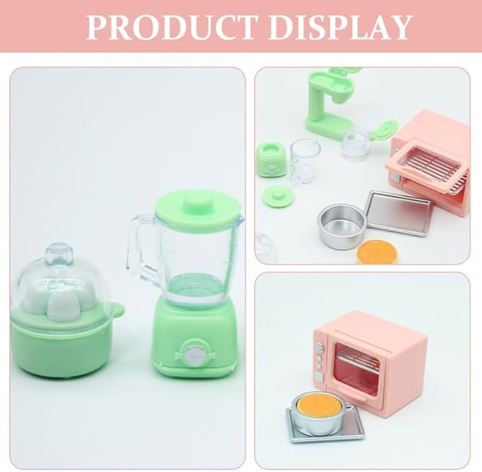Vicasky Mini Kitchen Dollhouse Accessories Set: 1:12 Scale Oven Coffee Maker Blender Juicer Cheese Cake & Egg Cooker for Dollhouse Kitchen Decor Pretend Play for Kid Toddler Microwave Breakfast