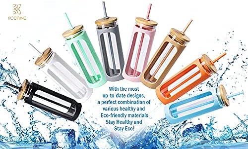Kodrine 20oz Glass Tumbler with Straw and Lid, Iced Coffee Cups with Bamboo Lids, Glass Cups for Cold Drinks, Smoothie Cup with Silicone Sleeve for Travel, Work, BPA FREE-Olive-2pack