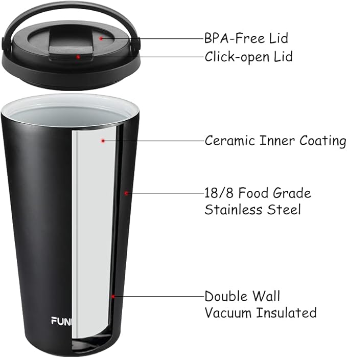 Funkrin Coffee Travel Mug with Flip Lid, 16oz Insulated Tumbler Cup with Ceramic Coating, Double Wall Vacuum Leak-Proof Tumbler for Office School Party Camping