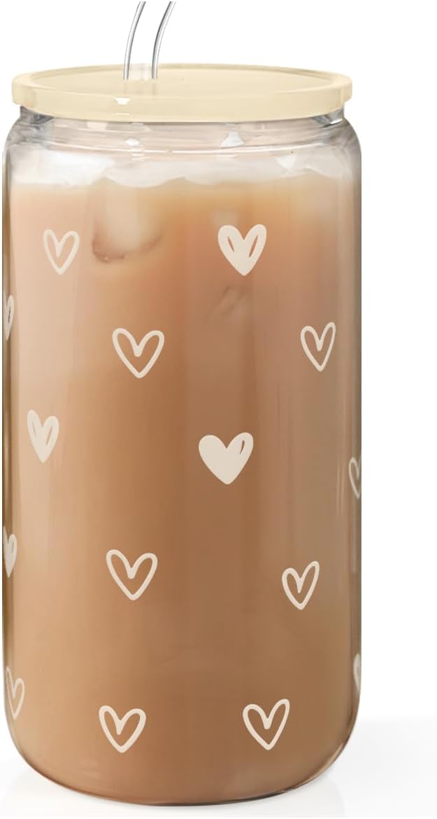 SANDJEST Heart 16oz Can Glass Tumbler with Acrylic Lid & Straw, Iced Coffee Cup for Women, Aesthetic Cups Gifts for Birthday Christmas Valentine