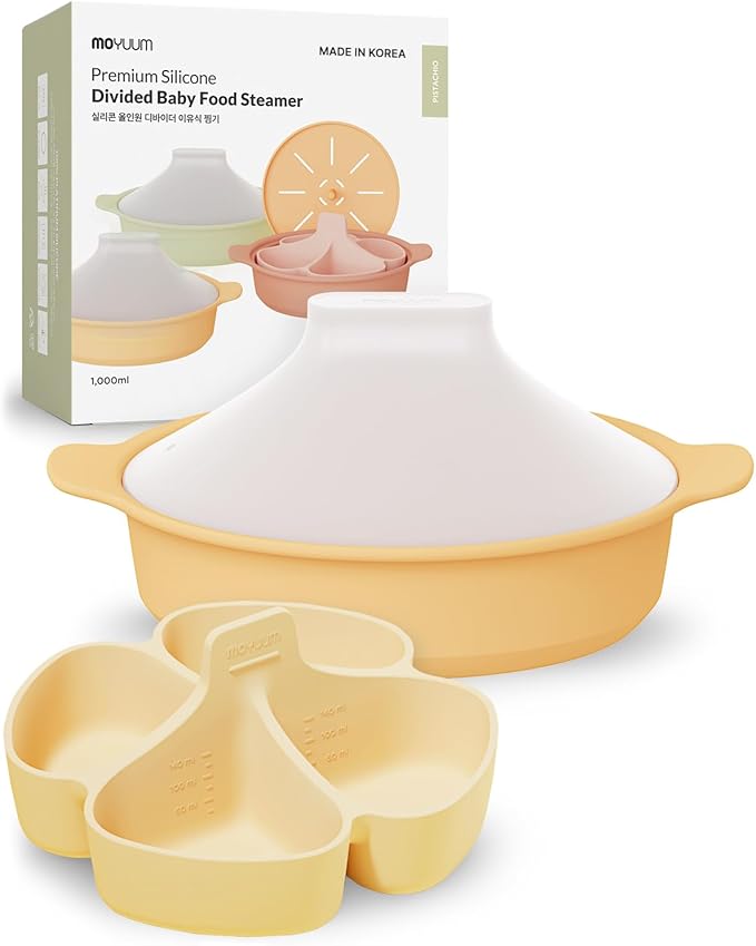 Moyuum Silicone Microwave Divided Steamer | Made in Korea, Baby Food Maker Bowl with 4 Compartment Divider and Steaming Tray, Steam Cooking Pot for Purees and Vegetables, Dishwasher Safe - Mustard