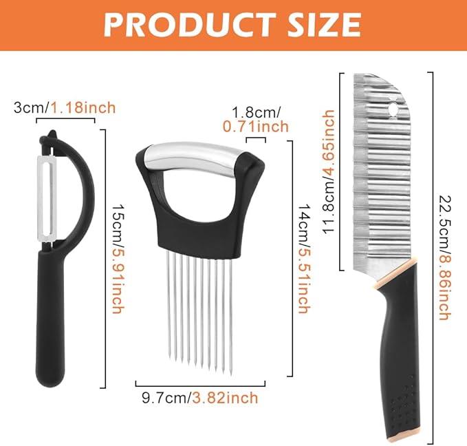Crinkle Cutter with Onion Holder for Slicing and P-type Peeler, Stainless Steel Wavy Slicer with Handle, Crinkle Cutter for Veggies, Potatoes(COLOR:Black)