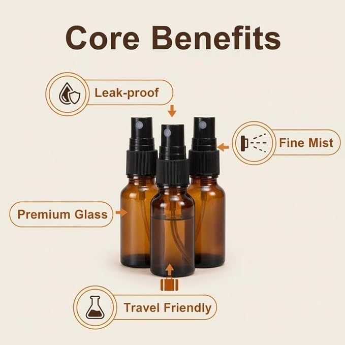 6Pcs 15ml 0.5oz Amber Glass Fine Mist Spray Bottles Refillable Travel Cosmetic Containers Perfume Sample Bottles with Black Sprayers for Essential Oils Cleaning Products Aromatherapy