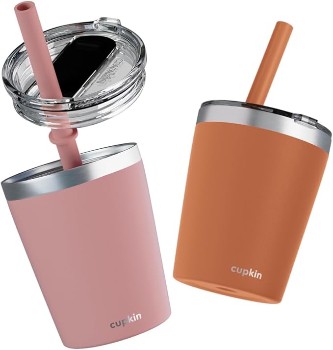 CUPKIN Steel Cup, The Original 8 oz Stackable Stainless Steel Silicone Straw Cup, Set of 2 Powder Coated Insulated Toddler Cups & BPA Free Lids + Food Grade Reusable Silicone Straws (Rust + Salmon)