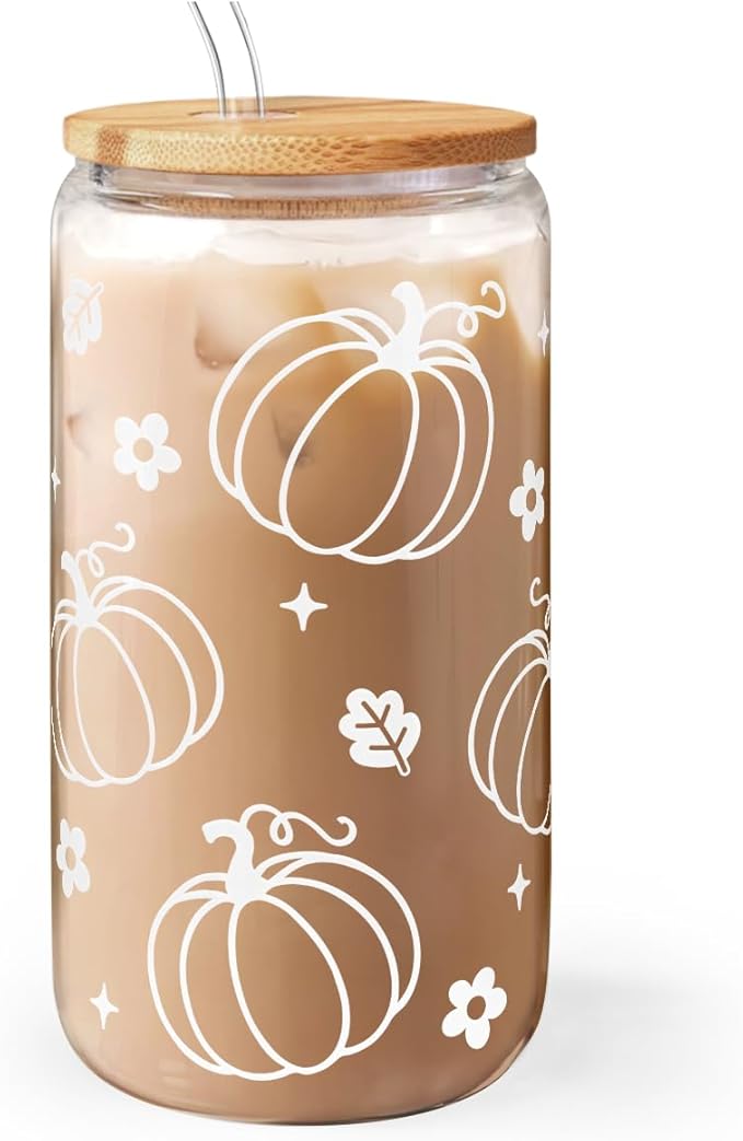 SANDJEST Pumpkin 16oz Can Glass Tumbler with Acrylic Lid & Straw, Iced Coffee Cup for Women Girls, Fall Aesthetic Cups Gifts
