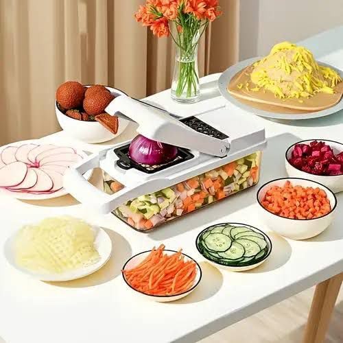 Kalmat Dynamics Food Chopper and Vegetable Slicer, 16-in-1 Multi-Function Kitchen Chopper with 7 Blades and Container, Free Black Cooking Apron (White+Green)