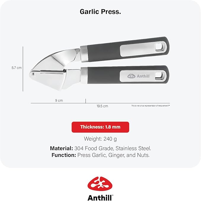 Anthill Premium – Heavy Duty Garlic Press - Stainless Steel – Rust proof – Dishwasher Safe – Garlic Mincer tool – Easy-Clean with Soft Grip Handle – Strong and Durable – Press Garlic with ease (Grey)