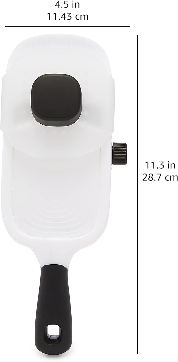 Amazon Basics Hand-held Safe Mandoline Slicer for Vegetables and Fruits, Adjustable Thickness, Stainless Steel Blade, White, 11.3" x 4.5" x 2.5"