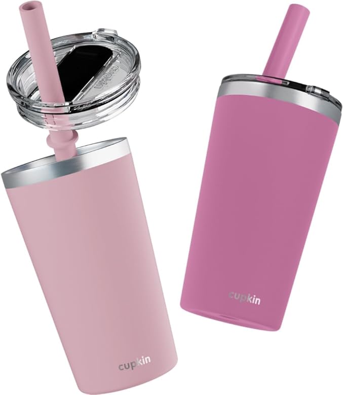 CUPKIN Toddler Tumblers, The Original 12 oz Stackable Stainless Steel Cups, Set of 2 Powder Coated Insulated Kids Water Bottle Alternative + BPA Free Lids + Silicone Straws (Polignac + Potpourri)