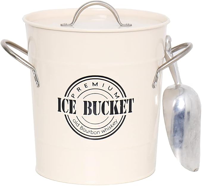 T586A 4L Cream White Metal Galvanized Double Walled Ice Bucket Set with Lid and Scoop