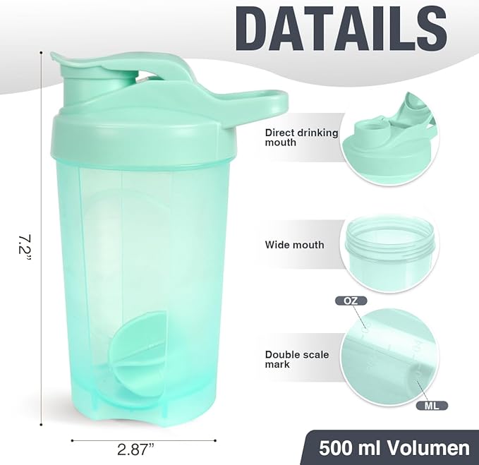 D.Y.A 16oz Shaker Bottle, Leak Proof Sports Shaker for Protein Shakes, Pre Workout & Travel, BPA Free, Green, 16oz/500ml