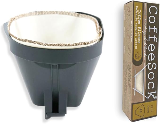 CoffeeSock ’The Original’ Reusable 100% Organic Cotton Coffee Filters - 2 pk Cone #4 Filters | Coffee Sock Cloth Drip 4 Coffee Filter | Organic Cotton Alternative - Zero-Waste & Eco-Friendly - C4