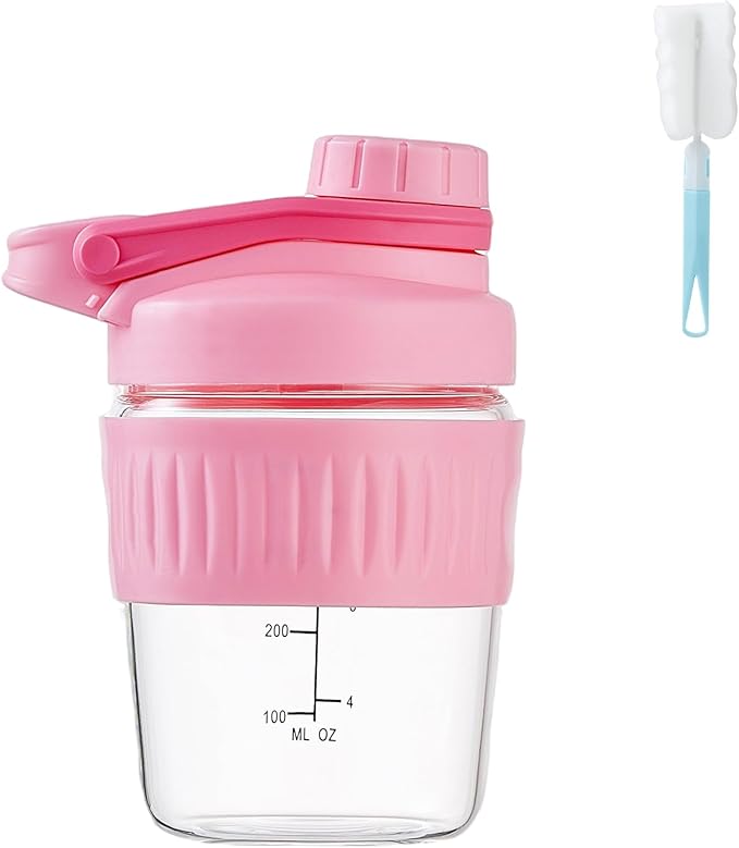 12oz Glass Shaker Bottle for Protein, Small Borosilicate Glass Protein Powder Leak-Proof Shaker Cup Mixes with 304 Blending Ball(12oz,Pink)