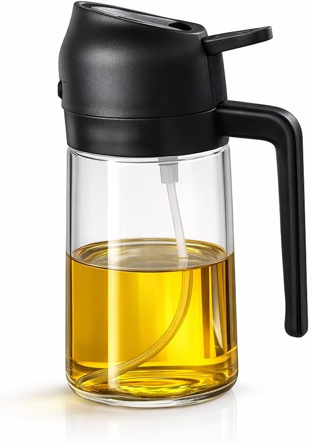 Olive Oil Sprayer for Cooking, 16oz/470ml Glass Oil Sprayer, 2-in-1 Oil Dispenser Bottle, Transparent Oil Mister for Air Fryer, Salad, Frying, Grilling & BBQ