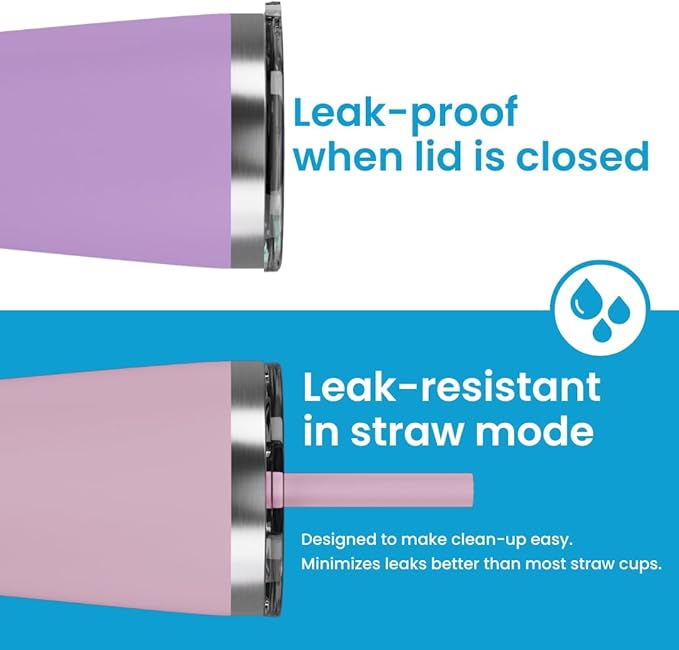 CUPKIN Toddler Tumblers, The Original 12 oz Stackable Stainless Steel Cups, Set of 2 Powder Coated Insulated Kids Water Bottle Alternative & BPA Free Lids + Reusable Silicone Straws (Pink + Purple)