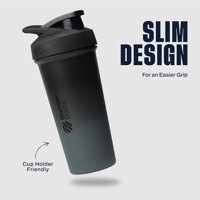 BlenderBottle Sport Sleek Shaker Cup Insulated Stainless Steel Water Bottle with Wire Whisk, 25-Ounce, Smokestack (Black/Grey)