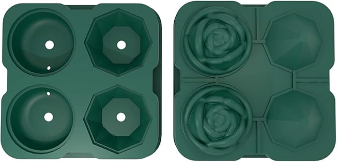 Ice Cube Tray, HANCELANT 2.5inch Ice Cube Molds, 2 Cavity Silicone Rose & 2 Diamond Ice Ball Maker, Easy Release Large Ice Cube Form for Chilling Cocktails, Whiskey, Bourbon & Homemade Juice (Green)