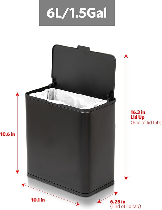 Glad Roomate Under Counter Trash Can - Space Saving Stainless Steel Waste Bin with Dual Lid and Clorox Protection - Small Black Trash Can for Kitchen Cabinet, Under Sink, or Bathroom, 1.5 Gallon (6L)