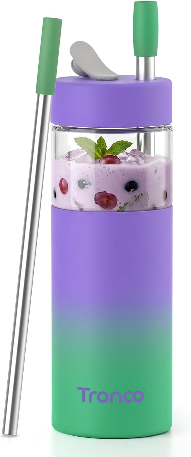 Tronco 24 oz Glass Tumbler with Lid & Straw, Reusable Iced Coffee Cup for Boba Tea, Smoothies, BPA-Free, Leak-Proof Borosilicate Glass Drinking Cup with Silicone Lid for Home, Office, Travel & Gifts