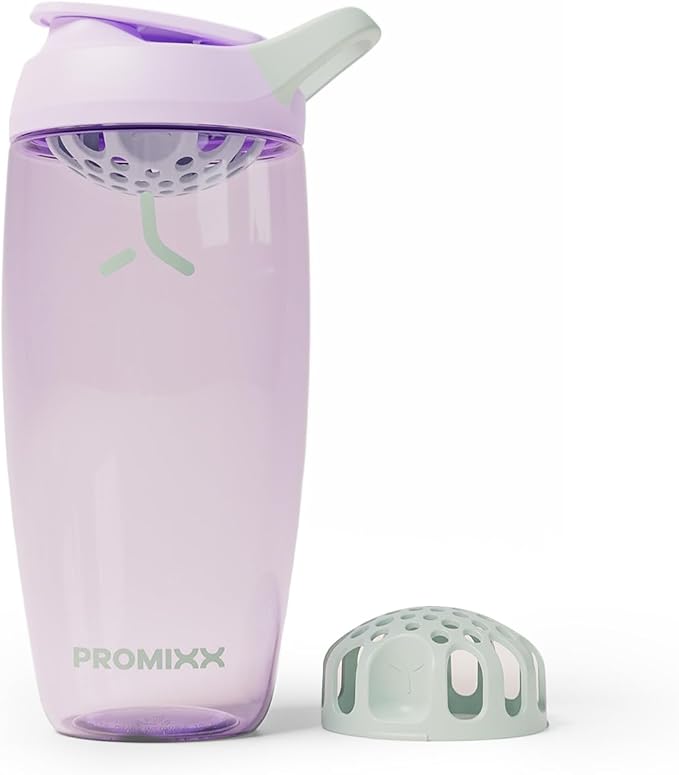 Promixx Pursuit Protein Shaker Bottle – 26oz Silent Snap-Fit Mixer for Lump-Free Shakes – Leak-Proof BPA-Free Ecozen Gym Shaker with Measurement Marks for Fitness and Travel – Lilac