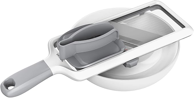 ZKIRON Handheld Mandoline Slicer for Kitchen - Adjustable 3-Thickness Vegetable Slicer (1mm-3mm) with Food Holder - Safe Potato Slicer & Cucumber Cutter for Salad, Easy to Clean (Gray)