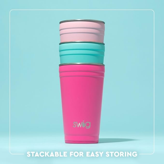 Swig Life 24oz Party Cup, Stackable Insulated Travel Coffee Tumbler with EZ Slider Lid, Cup Holder Friendly, Stainless Steel 24 oz Tumbler, Reusable Coffee Mug (Lake Girl)