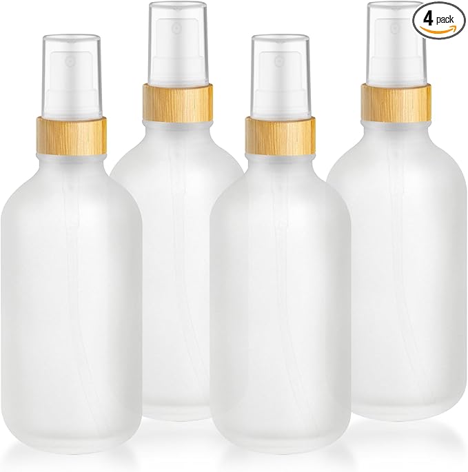 4-Pack 4 Oz Glass Spray Bottle with Bamboo Lid,Empty Refillable Fine Mist Atomizer,Leak-Proof Travel Liquid Holder Container for Cologne,Essential Oils,Room Sprays,Cleaning Solutions (Frosted)