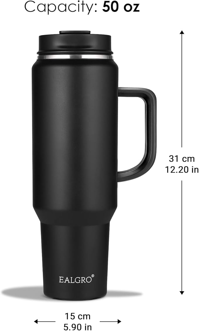 EALGRO 50 oz Tumbler with Handle, Insulated Tumblers with Lid and Straw, Large Metal Sports Water Bottle Jug, Thermal Stainless Steel Travel Coffee Mug Cup, Indigo Black