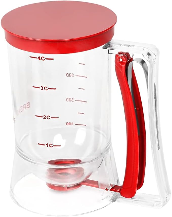 Leilanis Breadleaf Batter Dispenser for Pancakes, Waffles, Cookies, Cakes, Set 6 pcs Griddle BreakFast Kit Egg Rings and Oil Brush 4 Cup Capacity (Red)