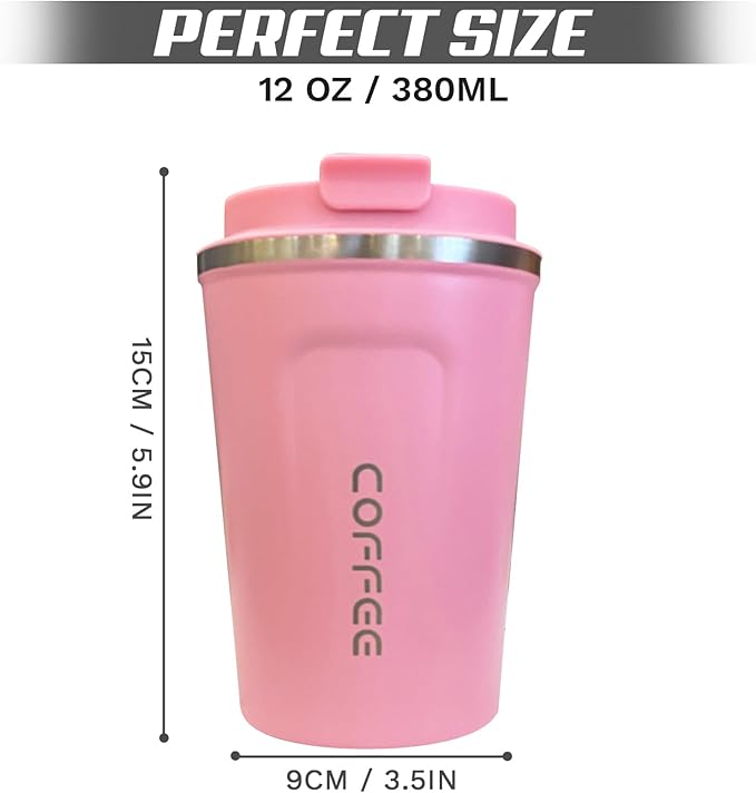 SPLMIFA Travel coffee mugs leak-proof, reusable coffee cups with lids, stainless steel vacuum insulated coffee tumblers, thermal insulation cups for men & women keep drinks hot & cold(2nd-Pink, 12OZ)