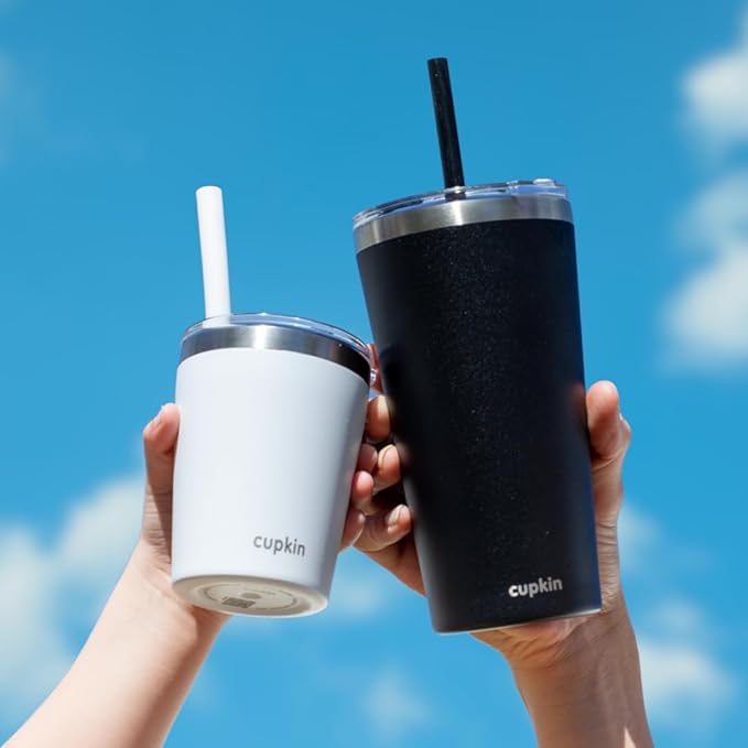 CUPKIN Steel Cup, The Original 8 oz Stackable Stainless Steel Silicone Straw Cup, Set of 2 Powder Coated Insulated Toddler Cups & BPA Free Lids + Food Grade Reusable Silicone Straws (Rust + Salmon)