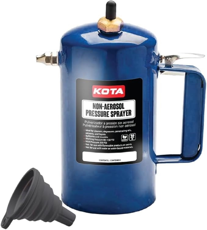 LAUCO Non Aerosol Pressure Sprayer with Funnel and Extension, Refillable Pressurized Sprayer Bottle for Oil, Solvent, Degreasers, Lubricants - Rechargeable Steel Canister and Brass Nozzles, 32oz