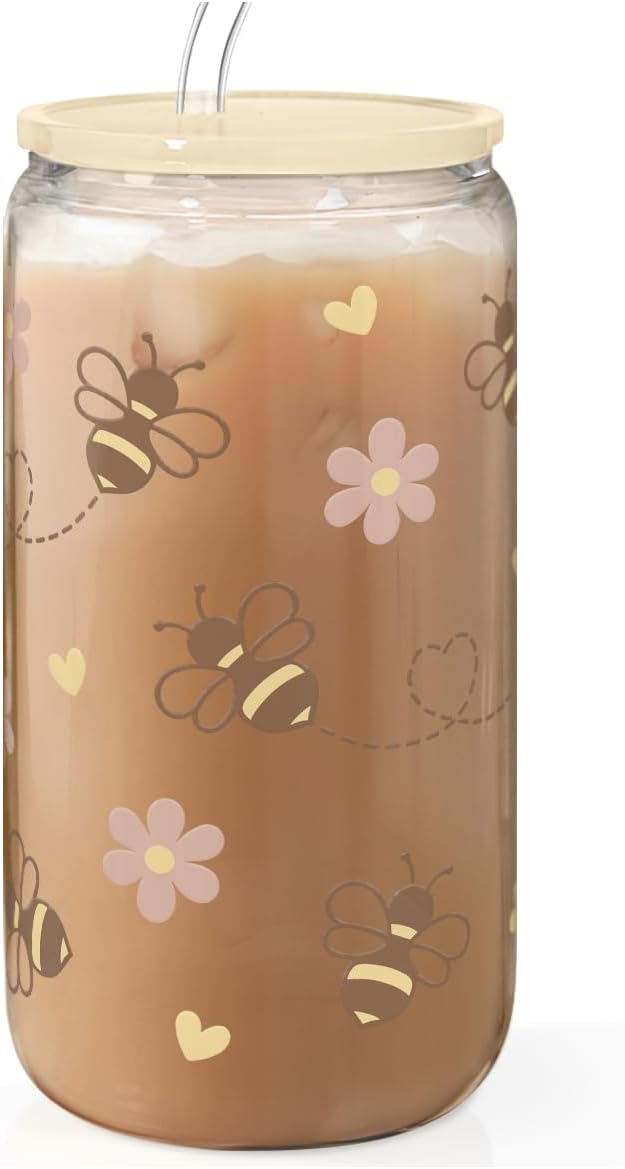 SANDJEST Bee 16oz Can Glass Tumbler with Acrylic Lid & Straw - Iced Coffee Cup for Women Girls, Aesthetic Cups Gifts for Birthday Christmas