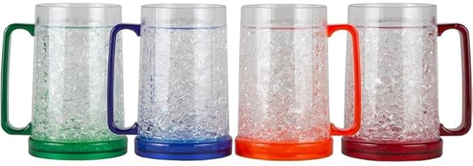 Lily's Home Freezer Beer Mugs, Set of 4-16oz Double Wall Gel-Filled Acrylic Frosty Stein, Break-Resistant with Color-Coded Handles for Home Bar, Pool Parties, BBQ & Outdoor Gifts