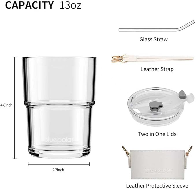 BLUEPOLAR 13oz/400ml Glass Water Tumbler with Straw and Lid Sealed Carry on Thick Wall Iced Coffee Cup for Water, Iced Tea, Fruit Juice (White with Sleeve and Strap)