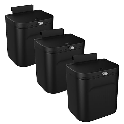 Naisu 3 Pack 1.12 Gallon Kitchen Garbage Bin for Counter Top or Under Sink, Stick on the Wall，Hanging Small Trash Can with lid for Cupboard/Bathroom/Bedroom/Office(Black)