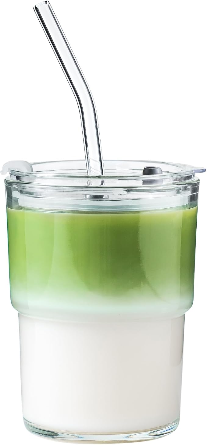 Olvini 13oz Glass Tumbler with Straw and Lid, Reusable Iced Coffee Cup Tumbler, Cute Glass Cups for Water, Matcha, Travel Coffee Mugs (Clear)