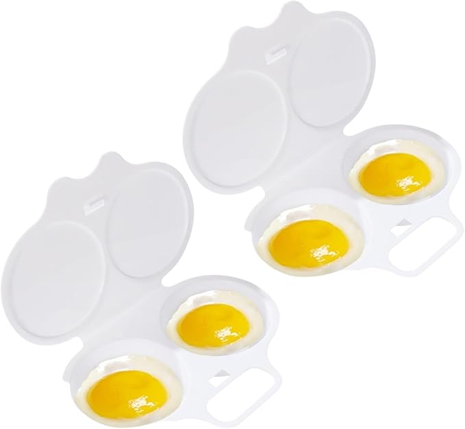2Pcs White Egg Poacher, Microwave Egg Boiler Poacher, Microwave Egg Poacher, 2 Cavity Nonstick Poached Egg Maker With Lid, Egg Cooker, Double Drain Poached Cups Specialty Cookware