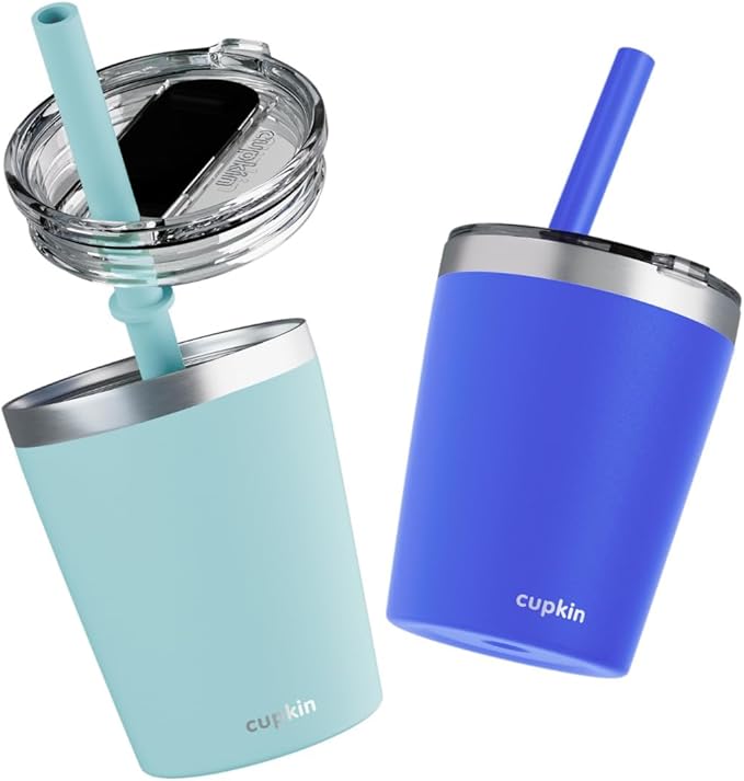 CUPKIN Sippy Cup for 1 Year Old, The Original Stackable 8 oz Stainless Steel Tumbler, Set of 2 Powder Coated Insulated Straw Cup + BPA Free Lids + Food Grade Reusable Silicone Straws (Cobalt + Mint)